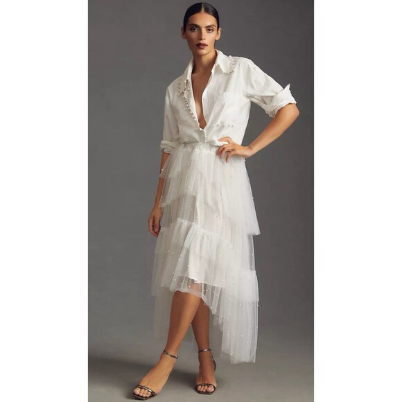 Anthropologie Maeve Skirt Midi White Tulle Pearl-Embellished Preppy Sz S New
